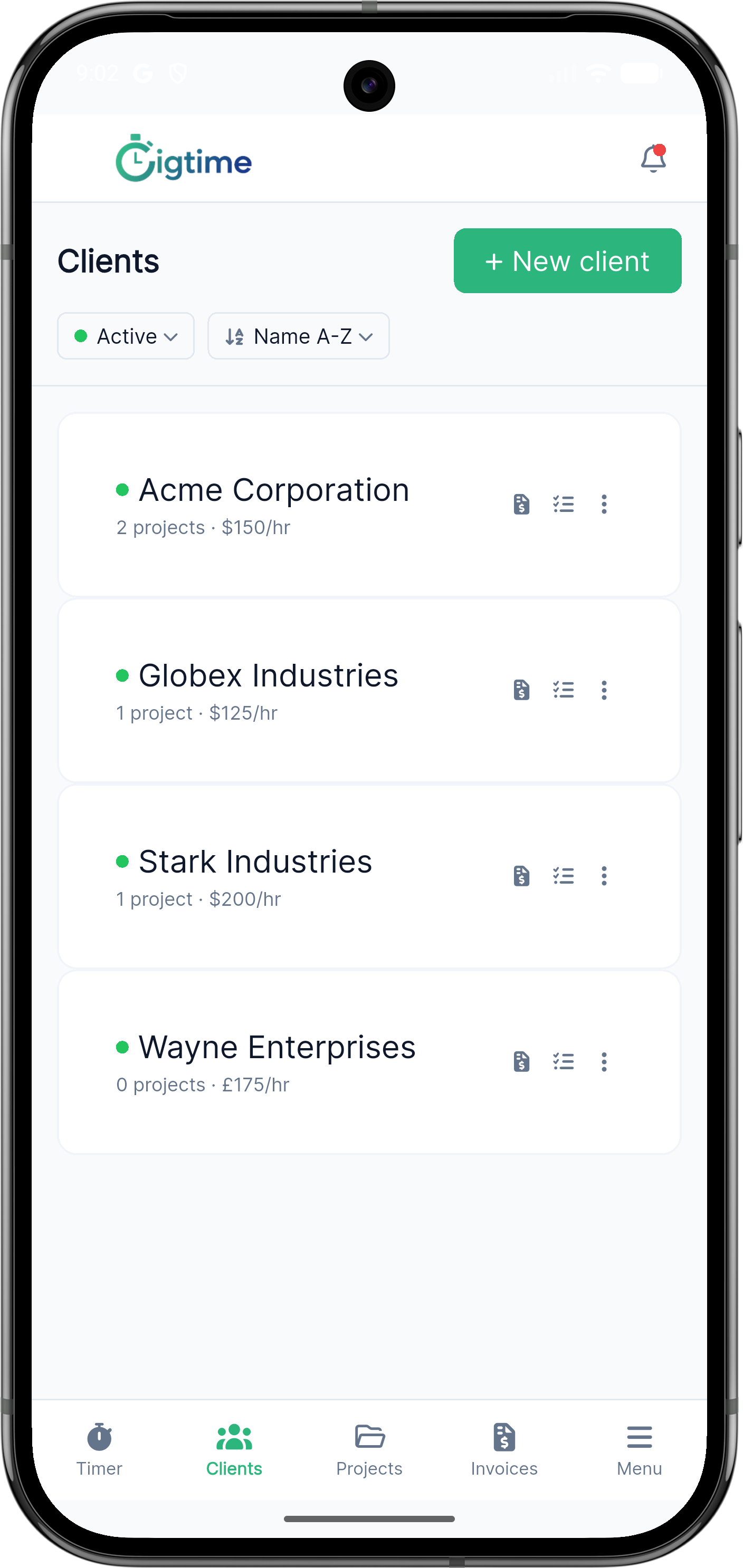 Gestión de clientes de Gigtime en móvil