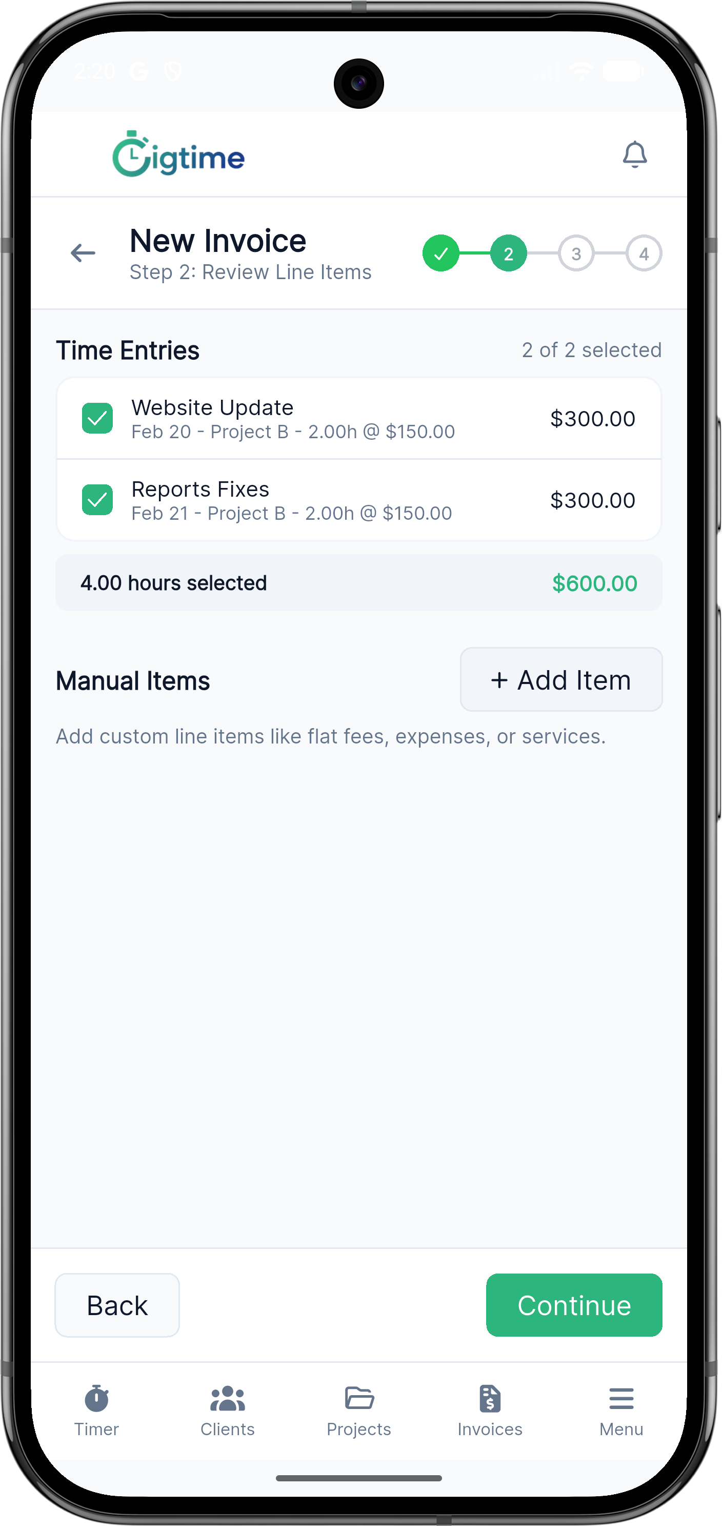 Facturación de Gigtime en móvil