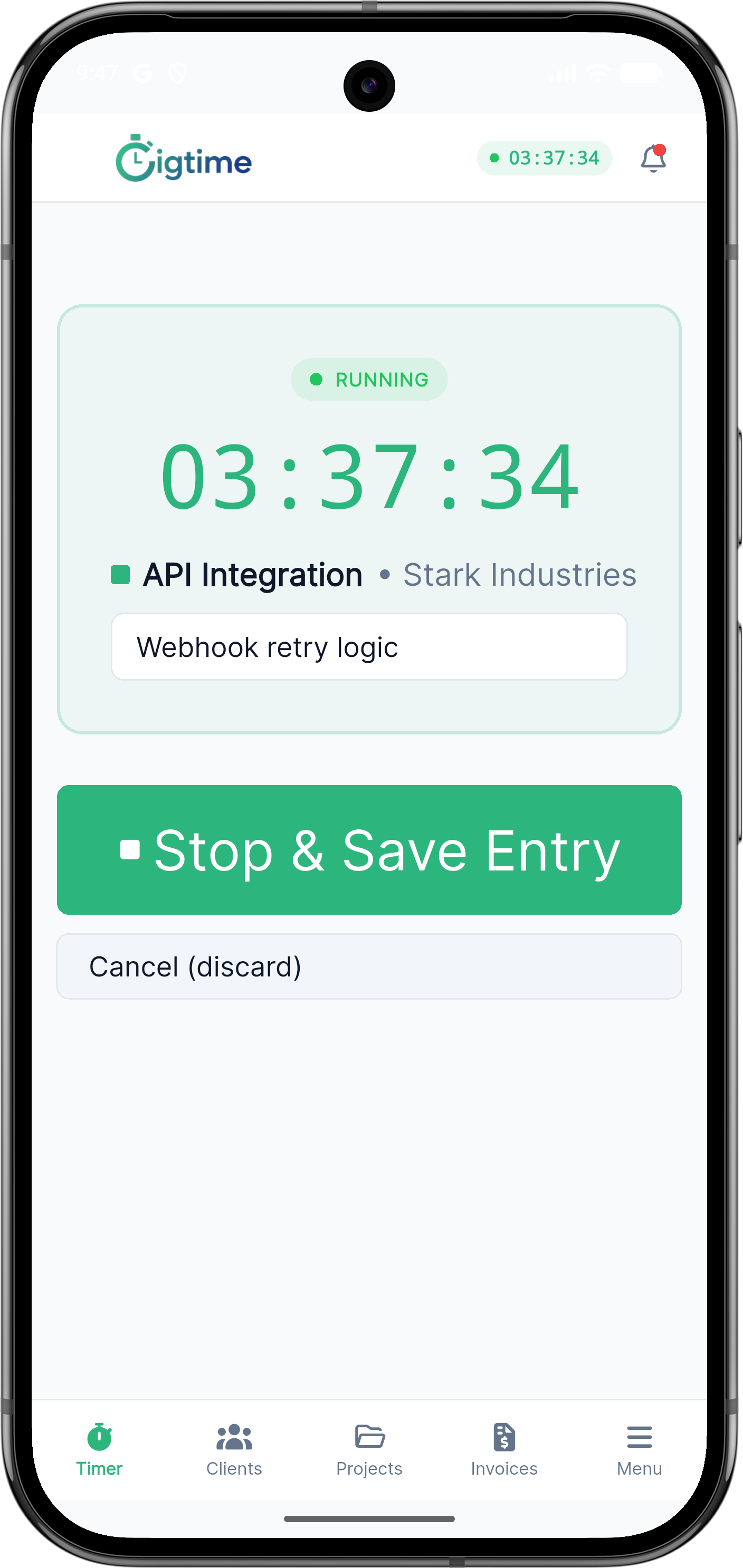 Pantalla del temporizador de Gigtime en móvil