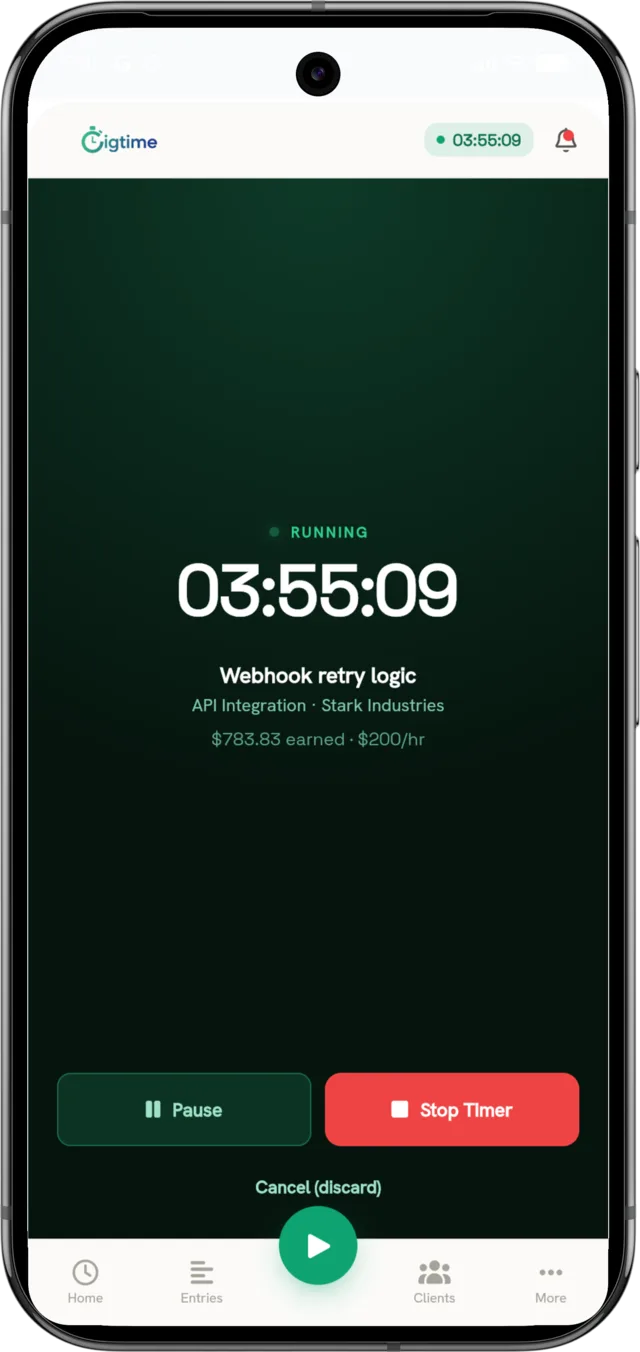 Gigtime timer screen on mobile